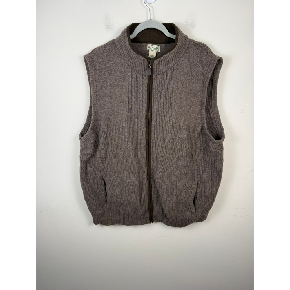 LL Bean Mens XXL Brown Merino Lambswool Full Zip Ribbed Sweater Vest 245457